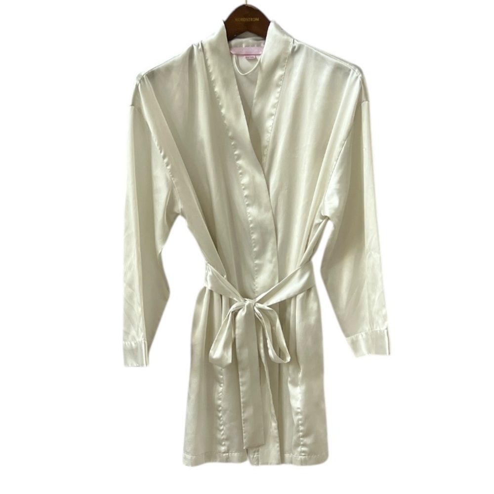 Victoria’s Secret Bridal Robe Ivory Satin Mini Attached Belt & Pockets One Size
